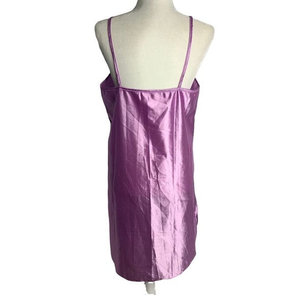 Vintage 80s Silky Nightgown L Purple Floral Spaghetti Straps V Neck Round Hem - Picture 4 of 6